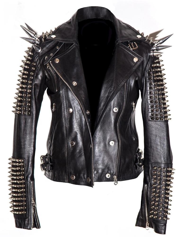 Women’s Black Punk Style Leather Jacket | Large Silver Spikes & Studs | Full Grain Apparel