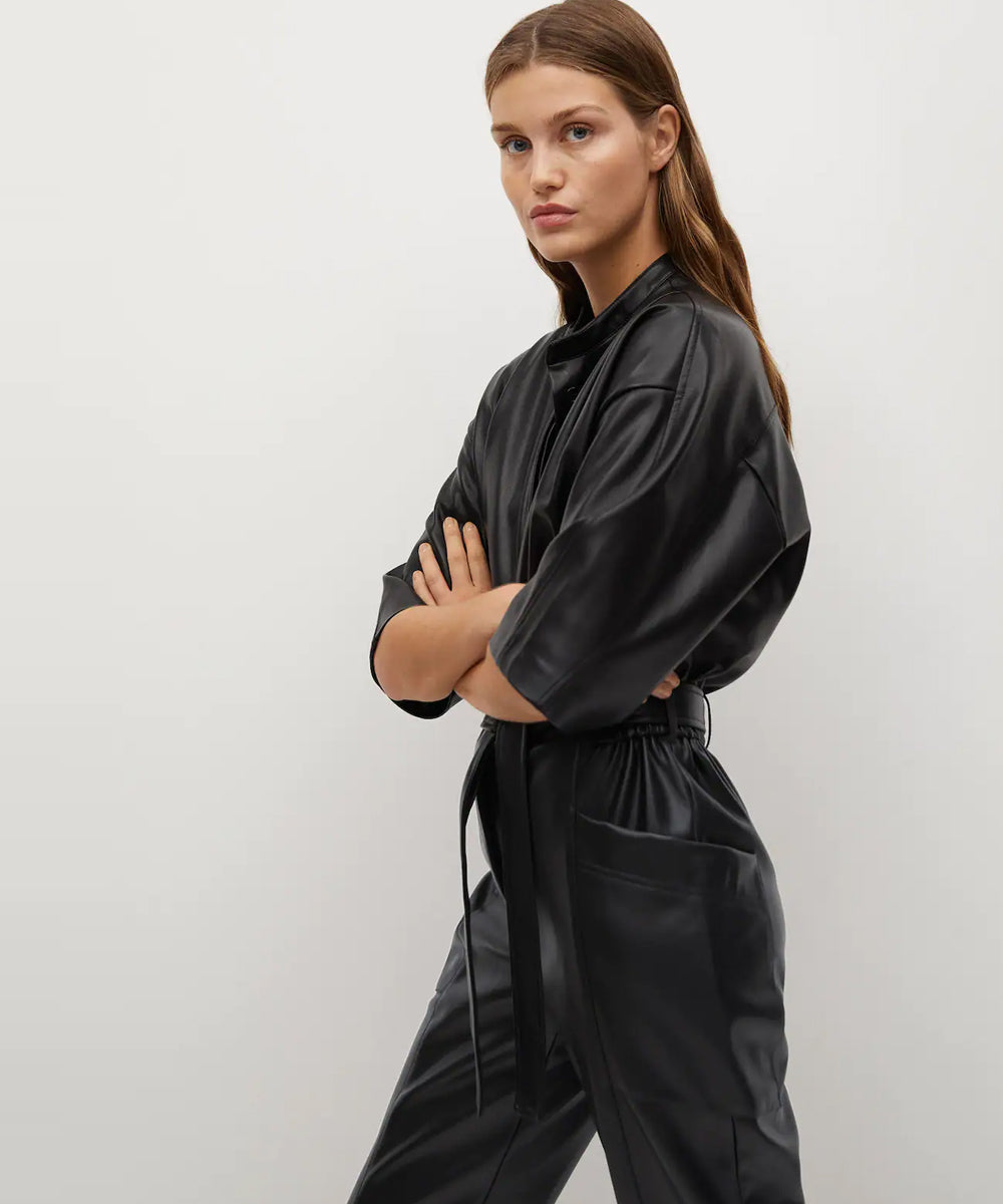 Women’s Black One-Piece Real Leather Dress Jumpsuit | "Night-Noir" Sheepskin Couture | Full Grain Apparel
