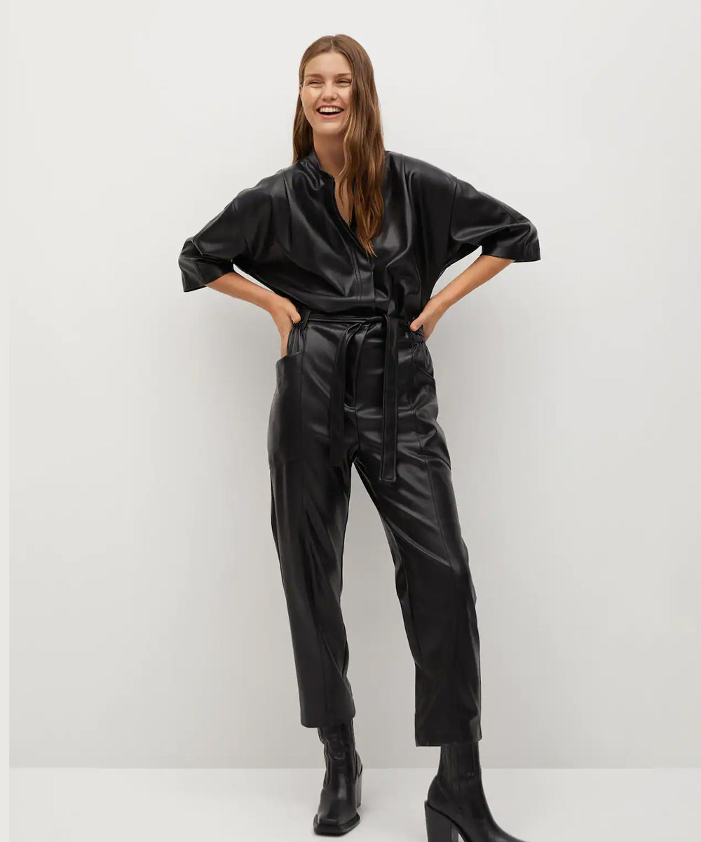 Women’s Black One-Piece Real Leather Dress Jumpsuit | "Night-Noir" Sheepskin Couture | Full Grain Apparel