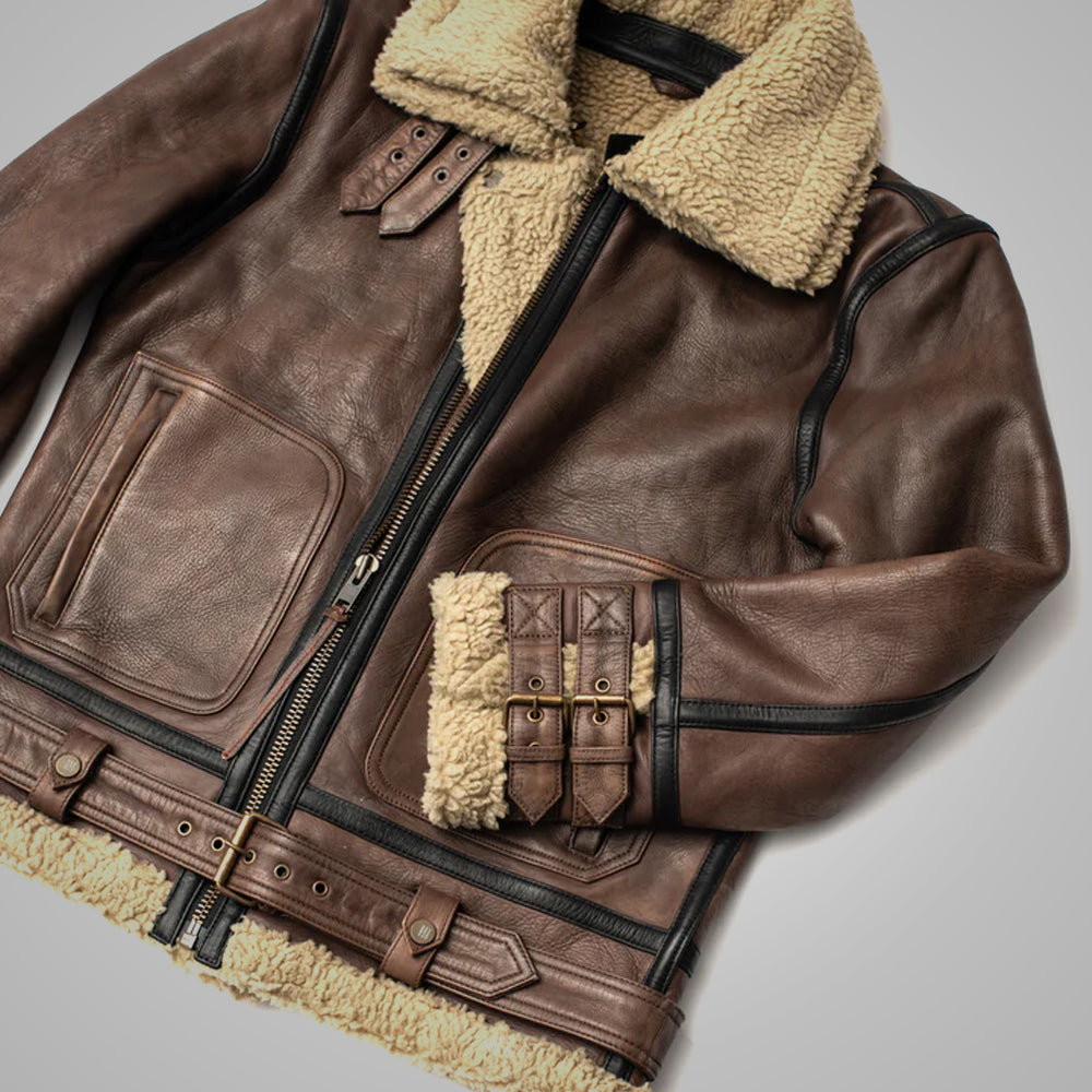 Men’s "Canyon-Ridge" B3 | Classic Brown Sheepskin | Authentic Double-Face Sherpa-Lined Bomber | Full Grain Apparel