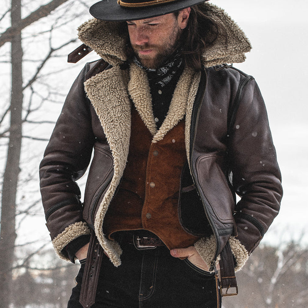 Men’s "Canyon-Ridge" B3 | Classic Brown Sheepskin | Authentic Double-Face Sherpa-Lined Bomber | Full Grain Apparel
