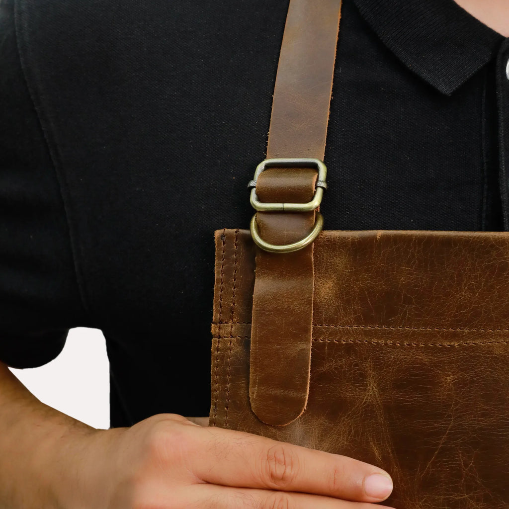 Leather pocket and tool storage detail on IronGuard BlackSmith Apron
