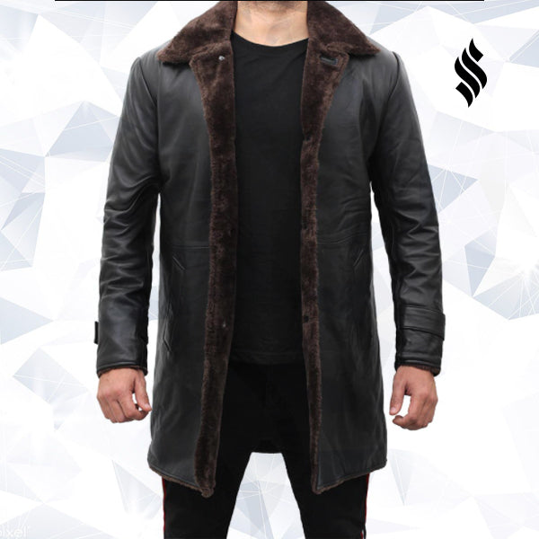 Men’s Chandler Shearling Lined Black Leather Trench Coat | Rugged Winter Elite | Full Grain Apparel