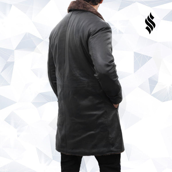 Men’s Chandler Shearling Lined Black Leather Trench Coat | Rugged Winter Elite | Full Grain Apparel