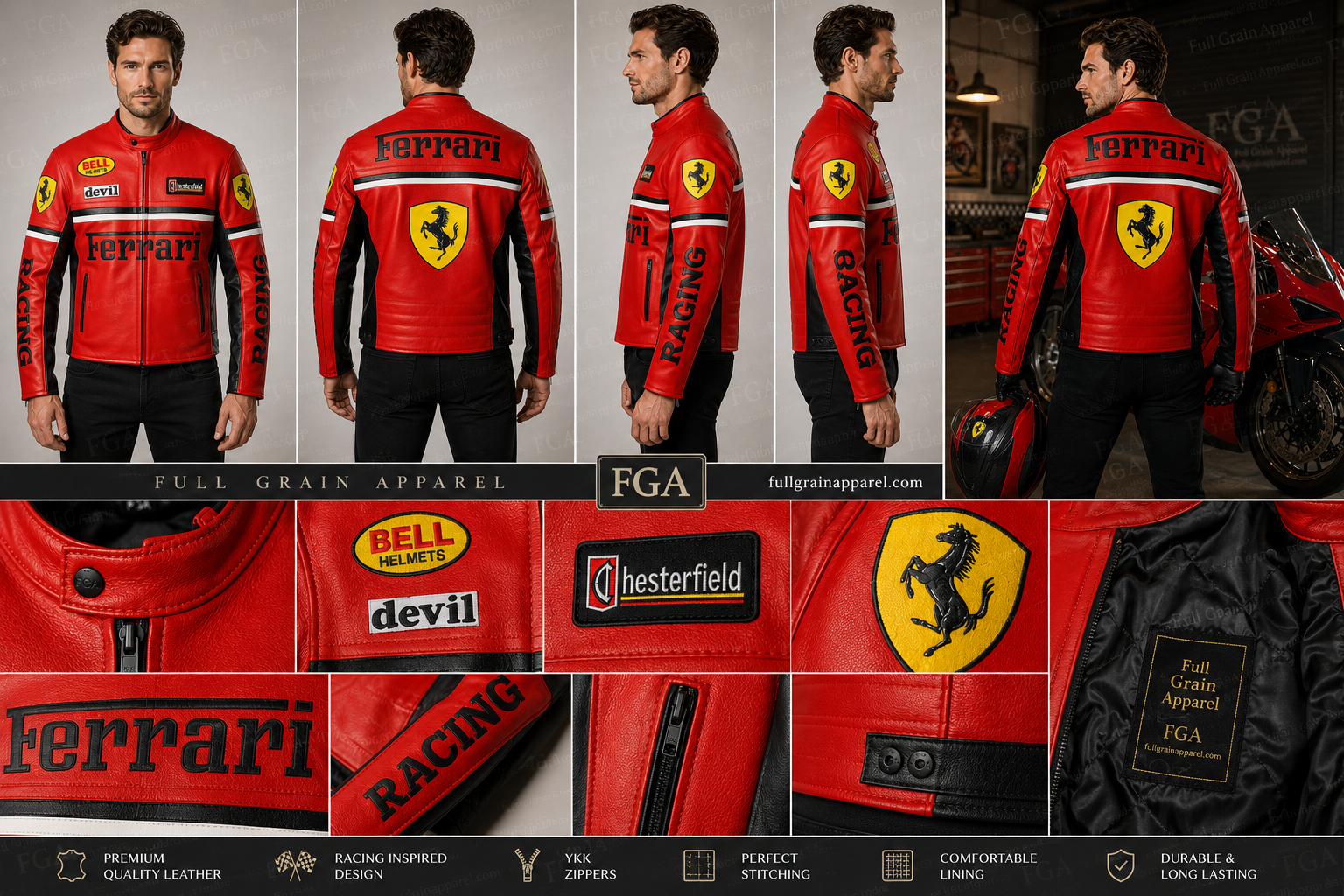 Ferrari Racing Leather Jacket Red Motorcycle Jacket | Full Grain Apparel