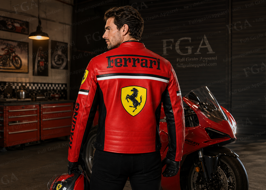 Ferrari Racing Leather Jacket Red Motorcycle Jacket | Full Grain Apparel
