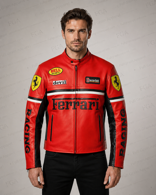 Ferrari Inspired Red Motorcycle Racing Jacket - front view