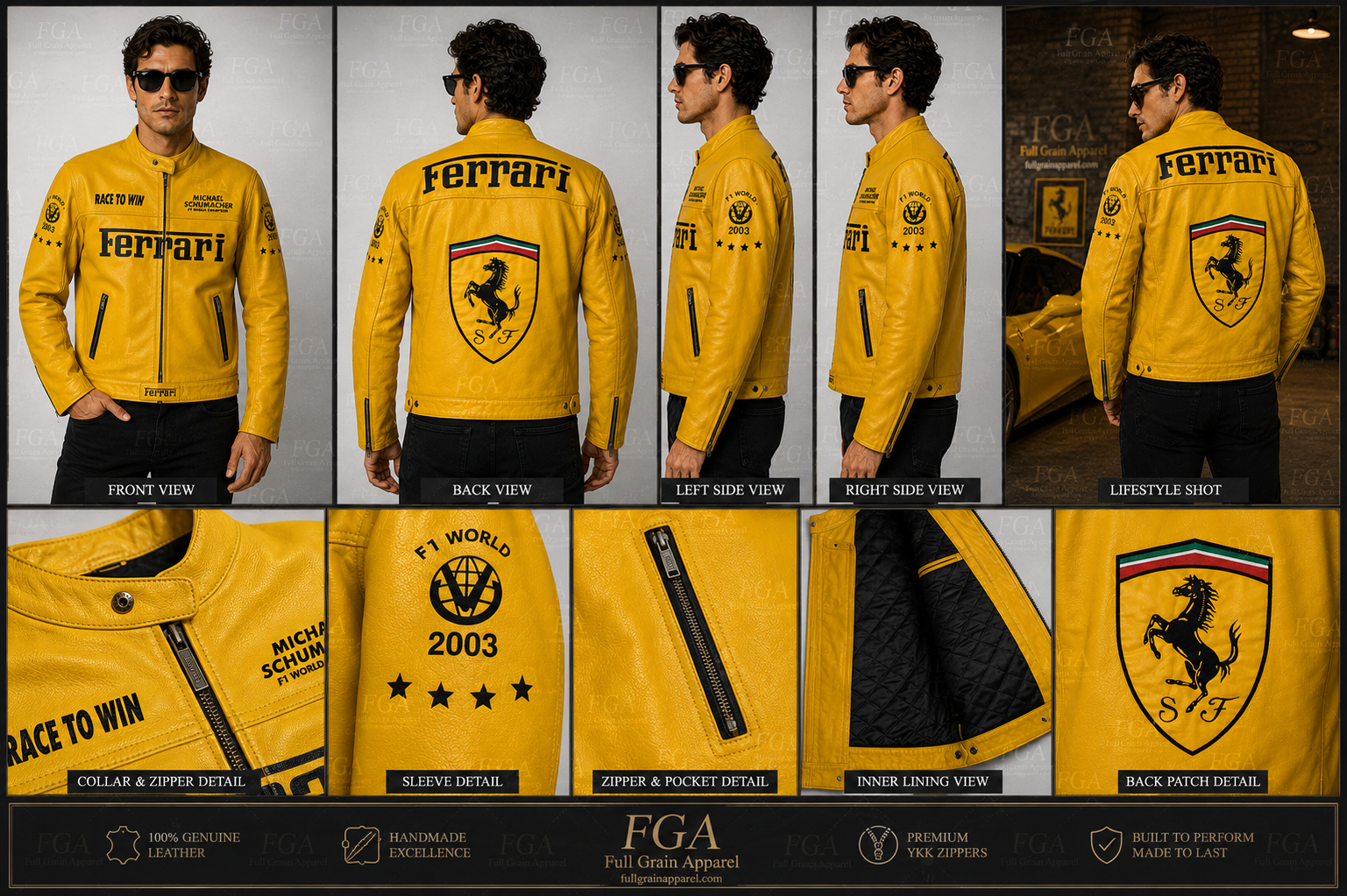 Ferrari Yellow Racing Leather Jacket for Men | Full Grain Apparel