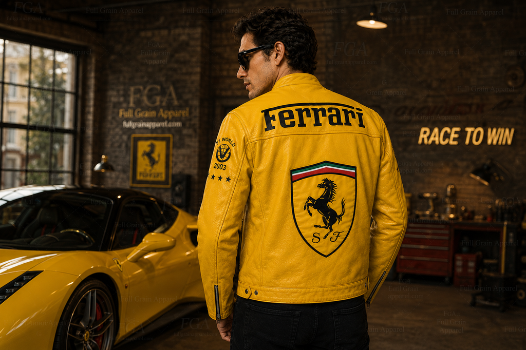 Ferrari Yellow Racing Leather Jacket for Men | Full Grain Apparel