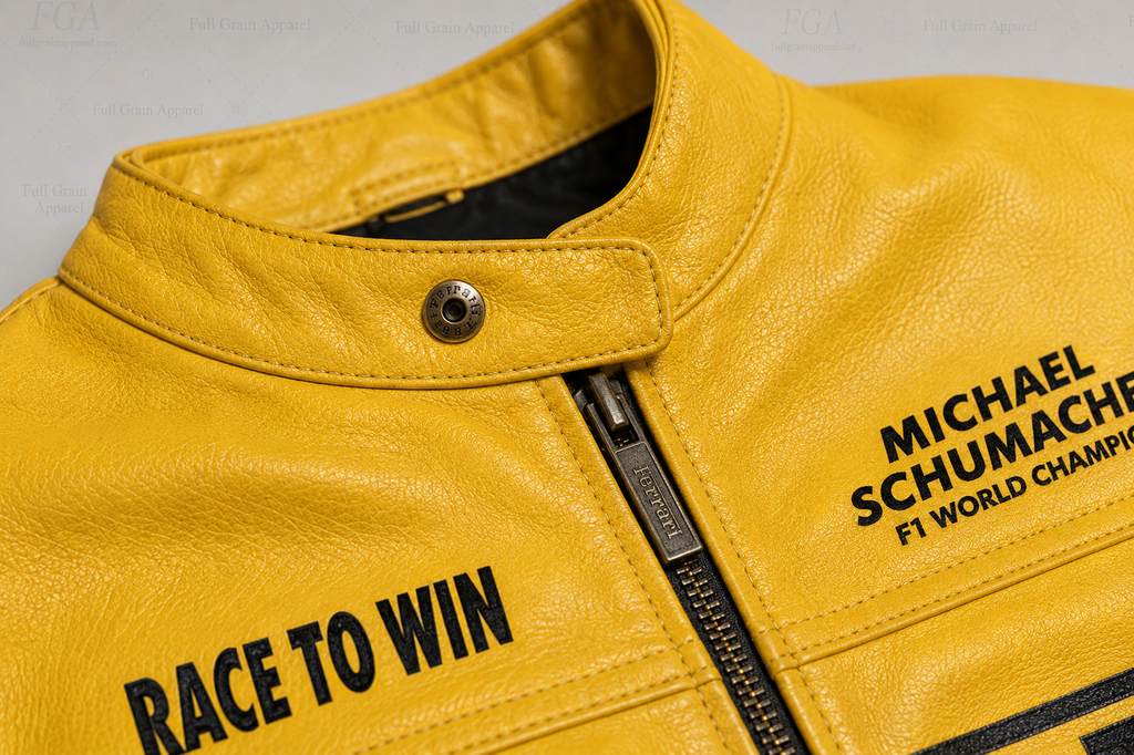 Ferrari Yellow Racing Leather Jacket for Men | Full Grain Apparel