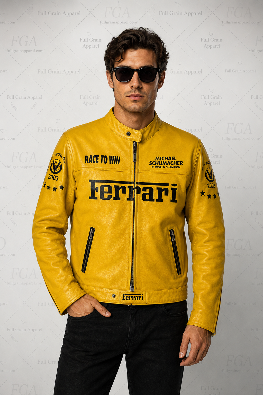 Ferrari Yellow Racing Leather Jacket for Men | Full Grain Apparel