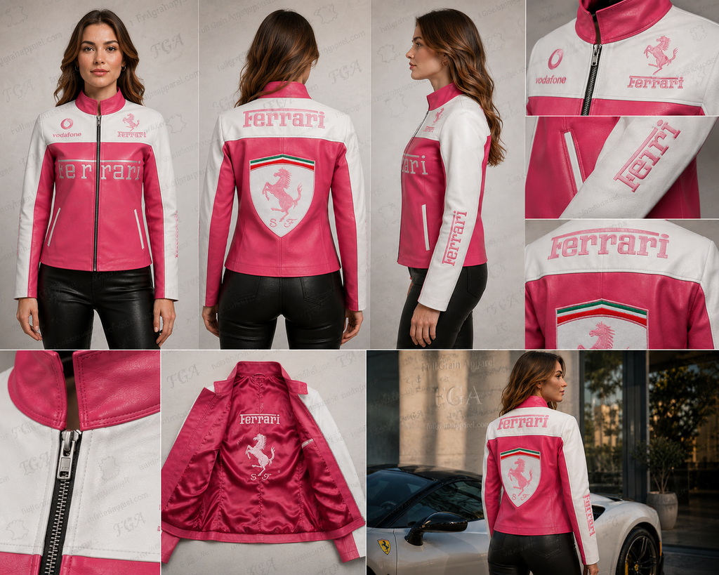 Women’s Ferrari Pink Racing Leather Jacket | Full Grain Apparel