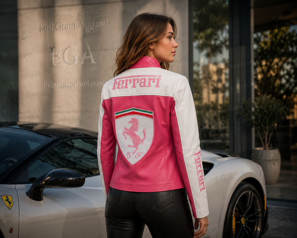 Women’s Ferrari Pink Racing Leather Jacket | Full Grain Apparel