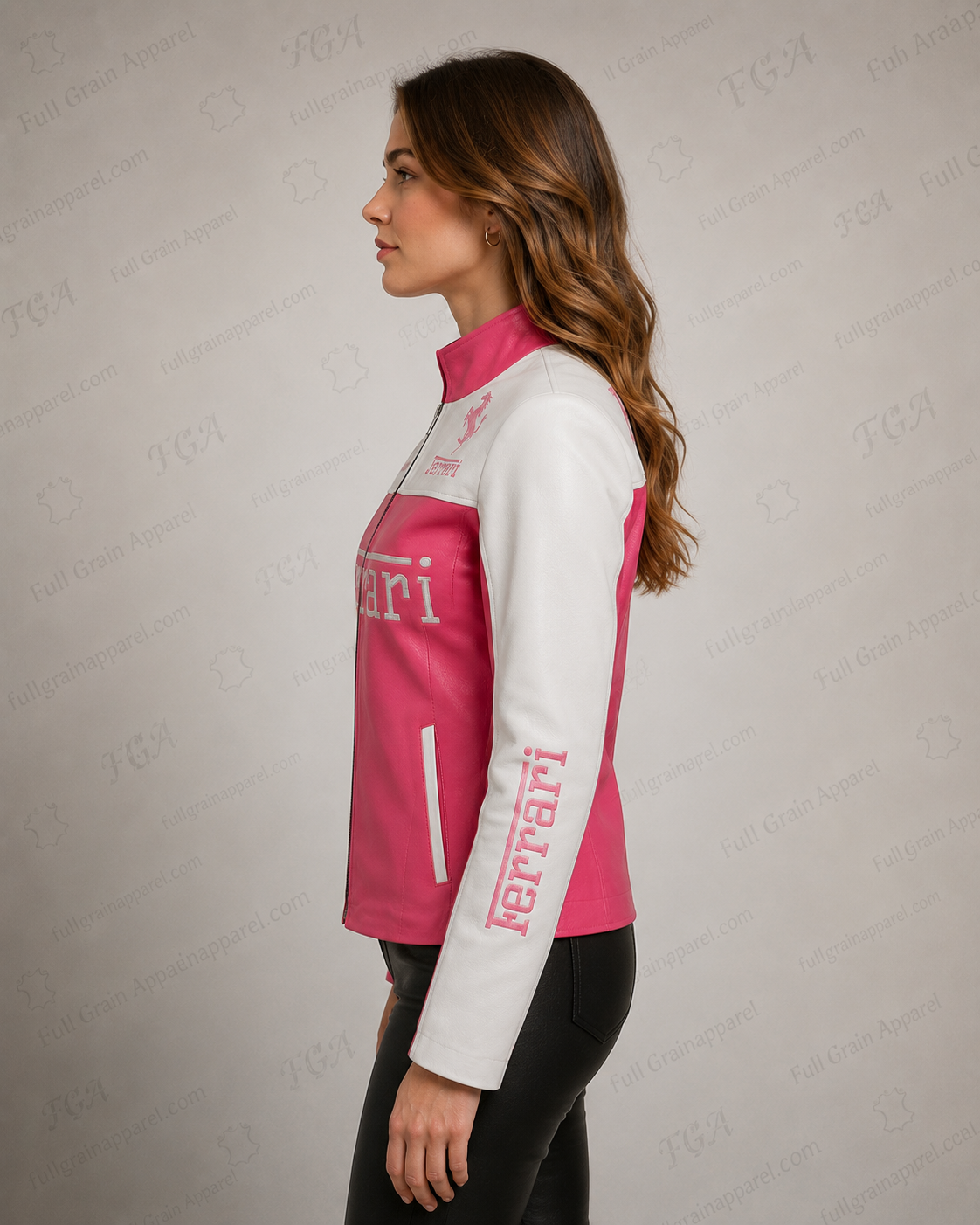 Women’s Ferrari Pink Racing Leather Jacket | Full Grain Apparel