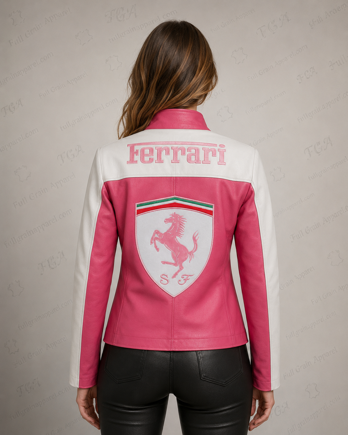 Women’s Ferrari Pink Racing Leather Jacket | Full Grain Apparel