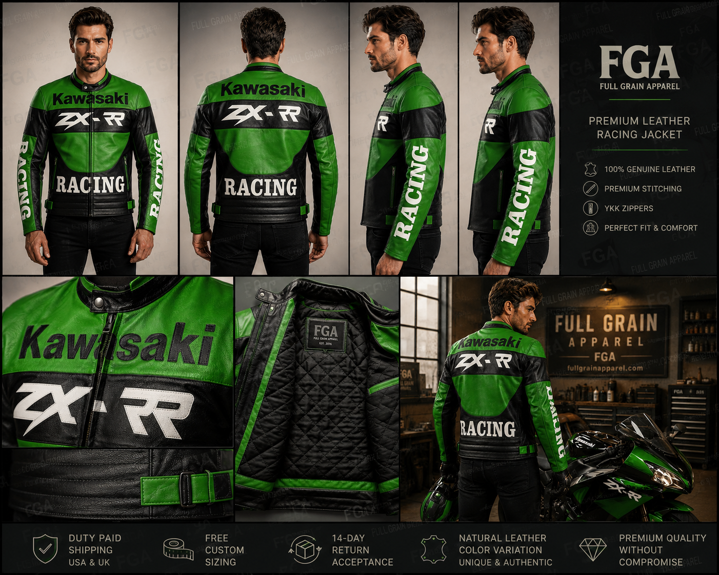 Kawasaki ZX-R Green Leather Racing Jacket for Men | Full Grain Apparel
