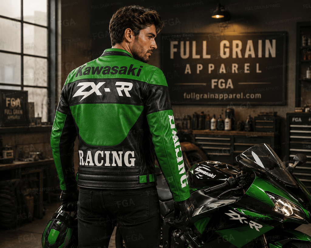 Kawasaki ZX-R Green Leather Racing Jacket for Men | Full Grain Apparel
