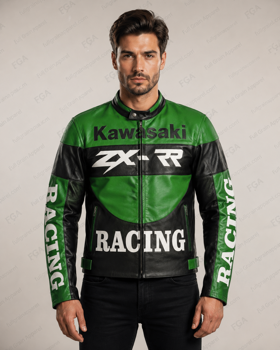 Kawasaki ZX-R Green Leather Racing Jacket for Men | Full Grain Apparel