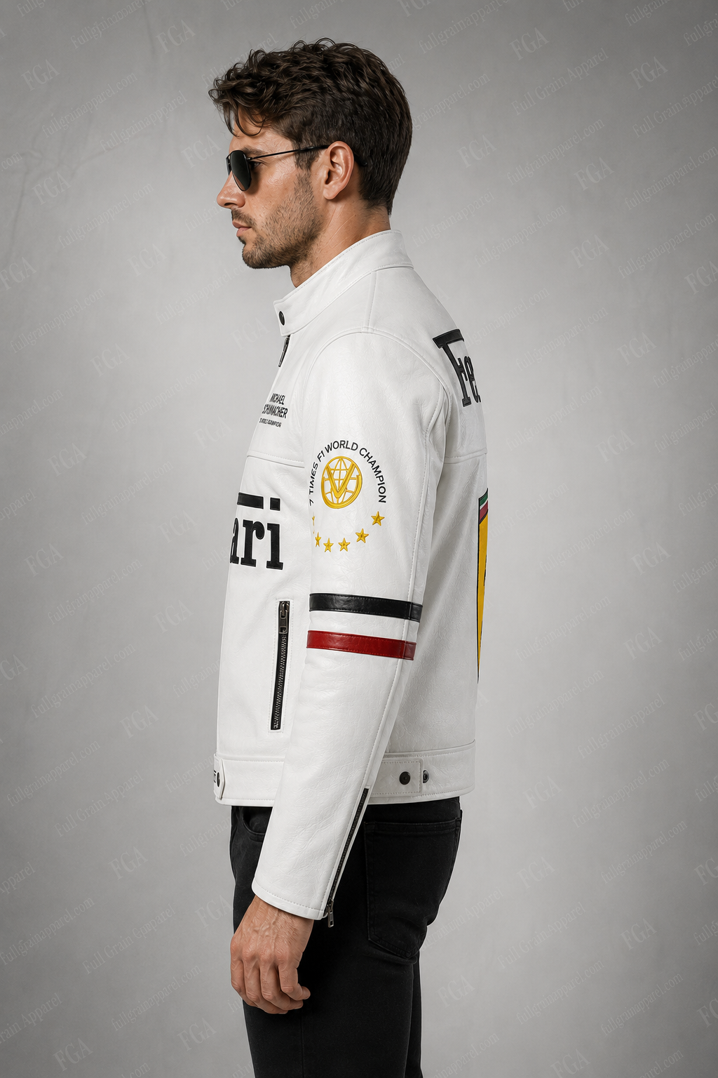 Ferrari Schumacher White Racing Leather Jacket | Full Grain Apparel