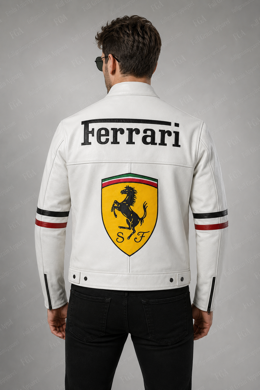 Ferrari Schumacher White Racing Leather Jacket | Full Grain Apparel