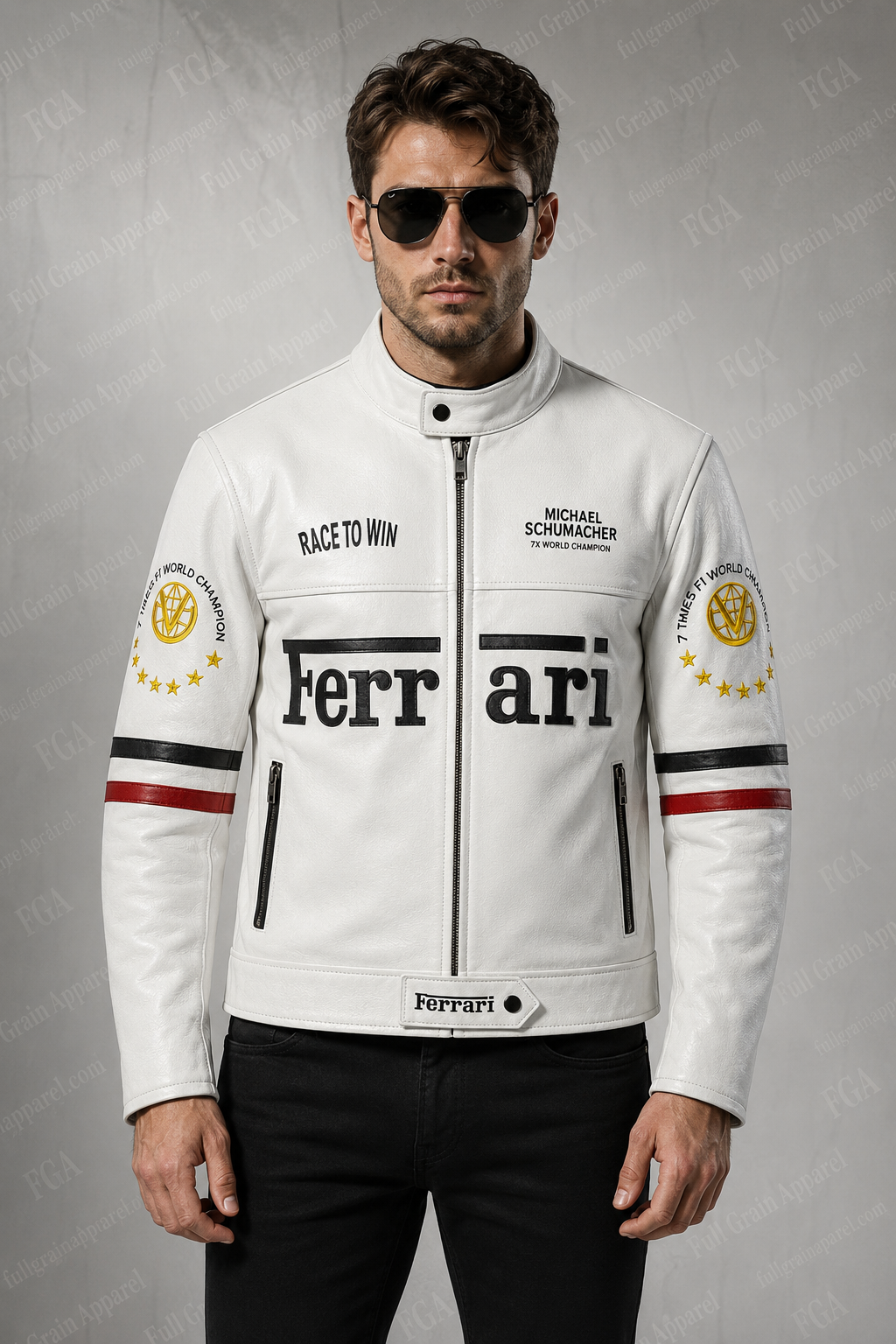 Ferrari Schumacher White Racing Leather Jacket | Full Grain Apparel