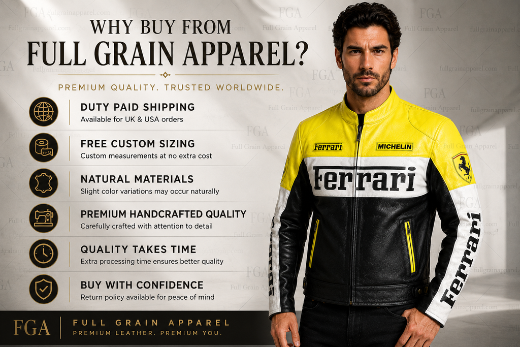 Ferrari Yellow Black White Leather Jacket for Men | Full Grain Apparel