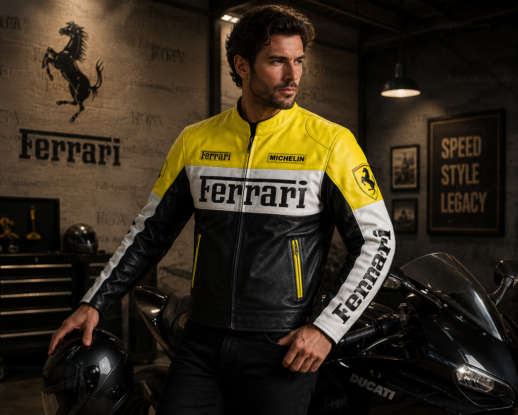 Ferrari Yellow Black White Leather Jacket for Men | Full Grain Apparel