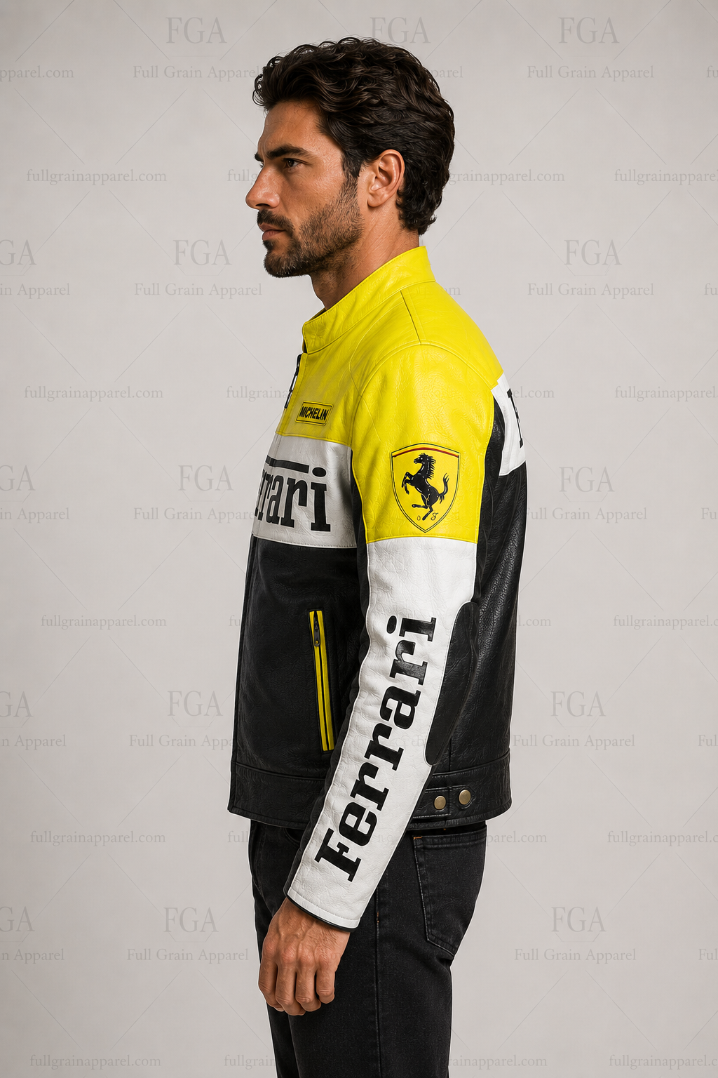 Ferrari Yellow Black White Leather Jacket for Men | Full Grain Apparel