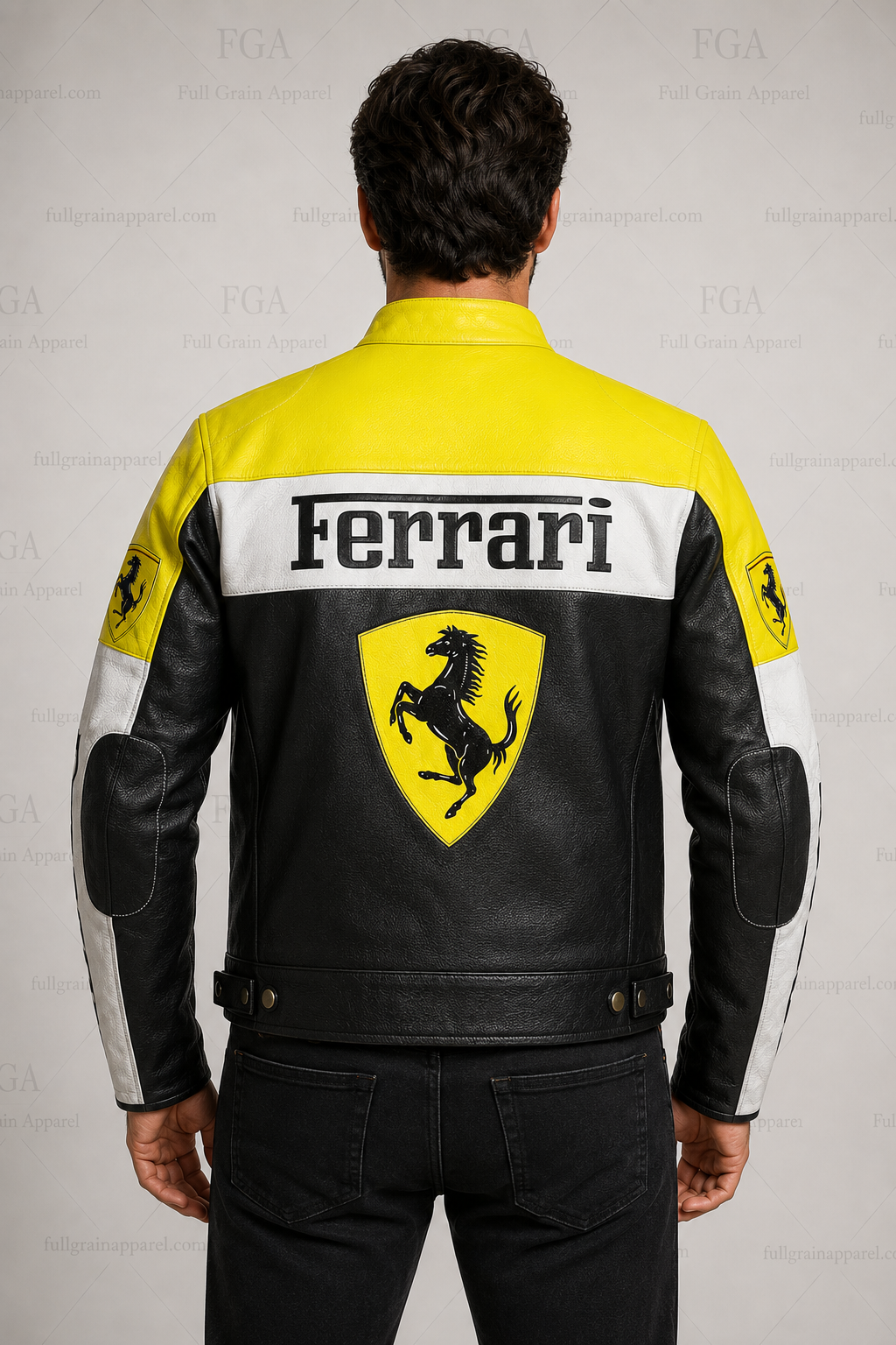 Ferrari Yellow Black White Leather Jacket for Men | Full Grain Apparel