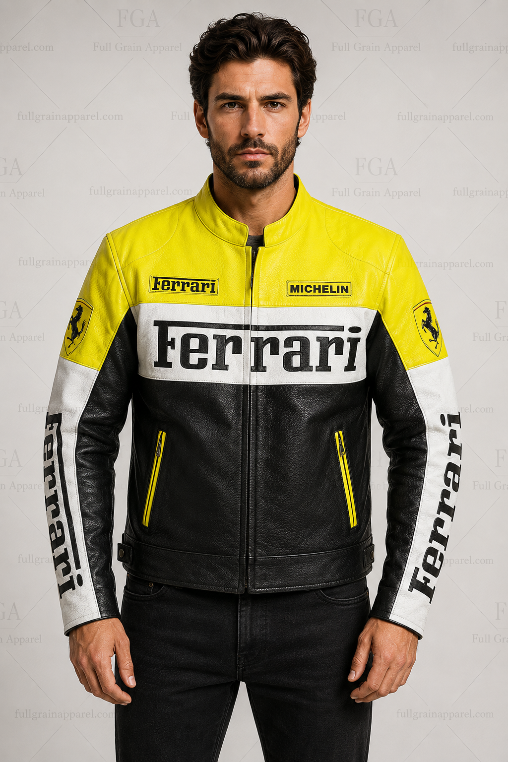 Ferrari Yellow Black White Leather Jacket for Men | Full Grain Apparel