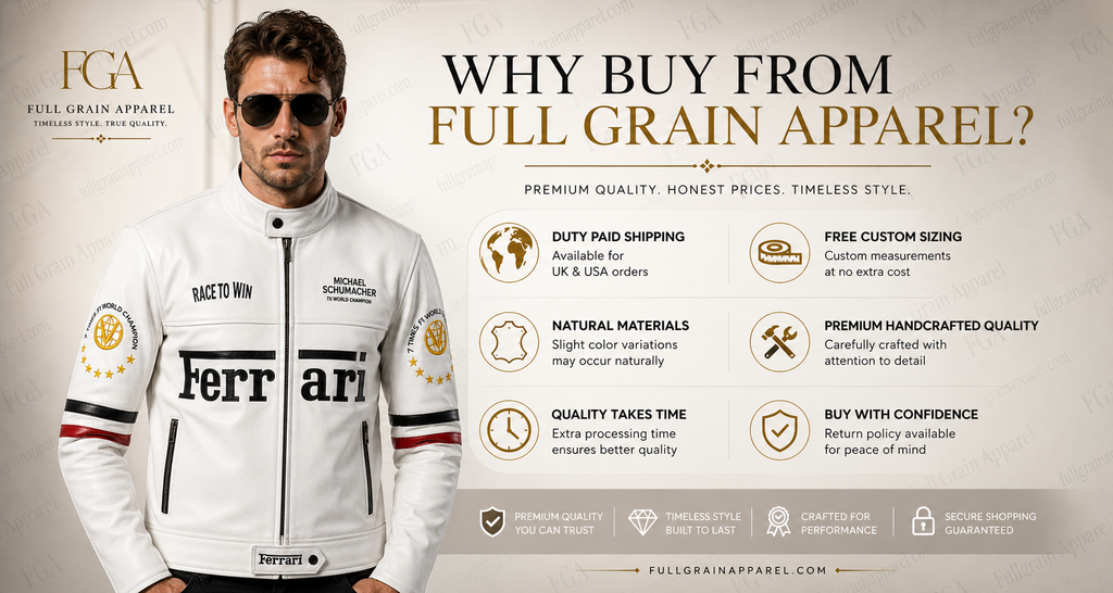 Ferrari Schumacher White Racing Leather Jacket | Full Grain Apparel