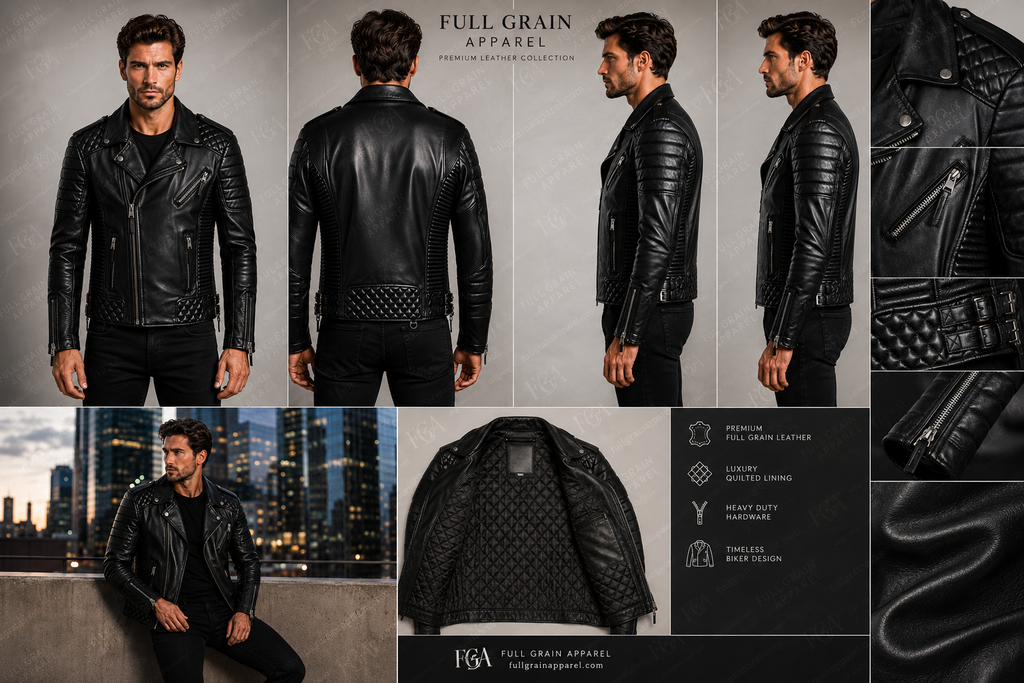 Men's Black Biker Leather Jacket | Quilted Moto | Full Grain Apparel
