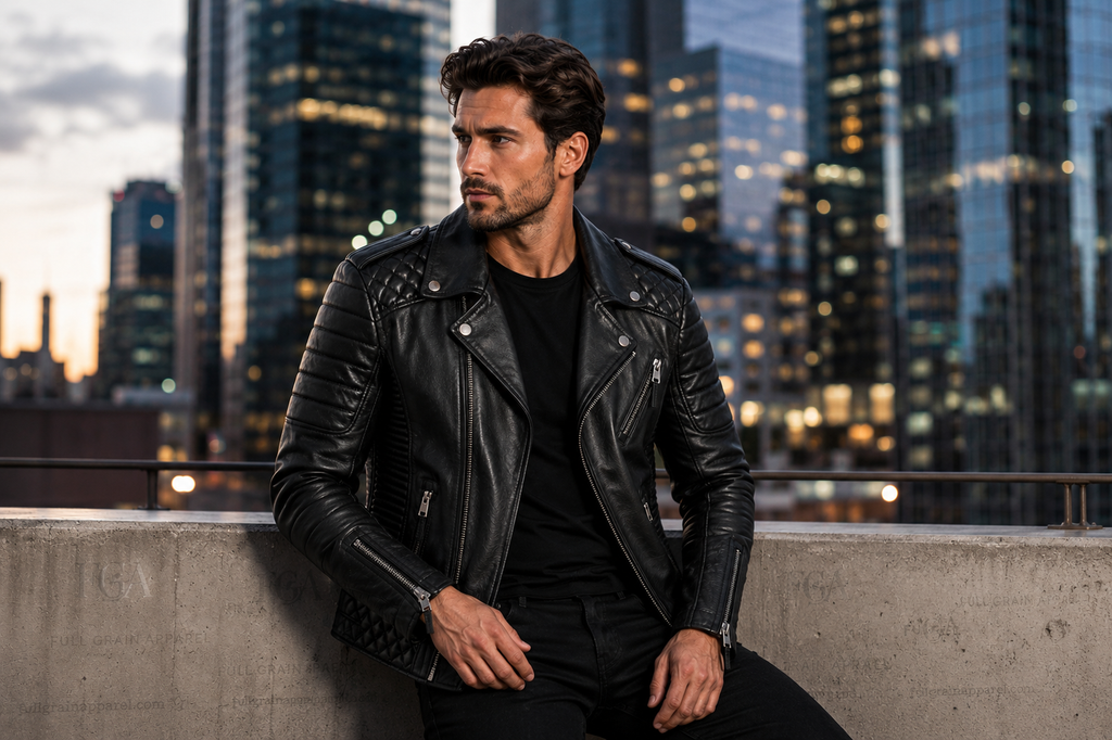 Men's Black Biker Leather Jacket | Quilted Moto | Full Grain Apparel