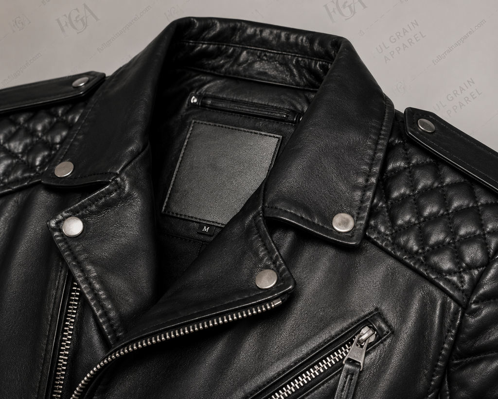 Men's Black Biker Leather Jacket | Quilted Moto | Full Grain Apparel