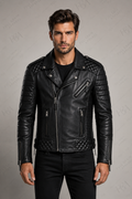 Men's Black Biker Leather Jacket | Quilted Moto | Full Grain Apparel