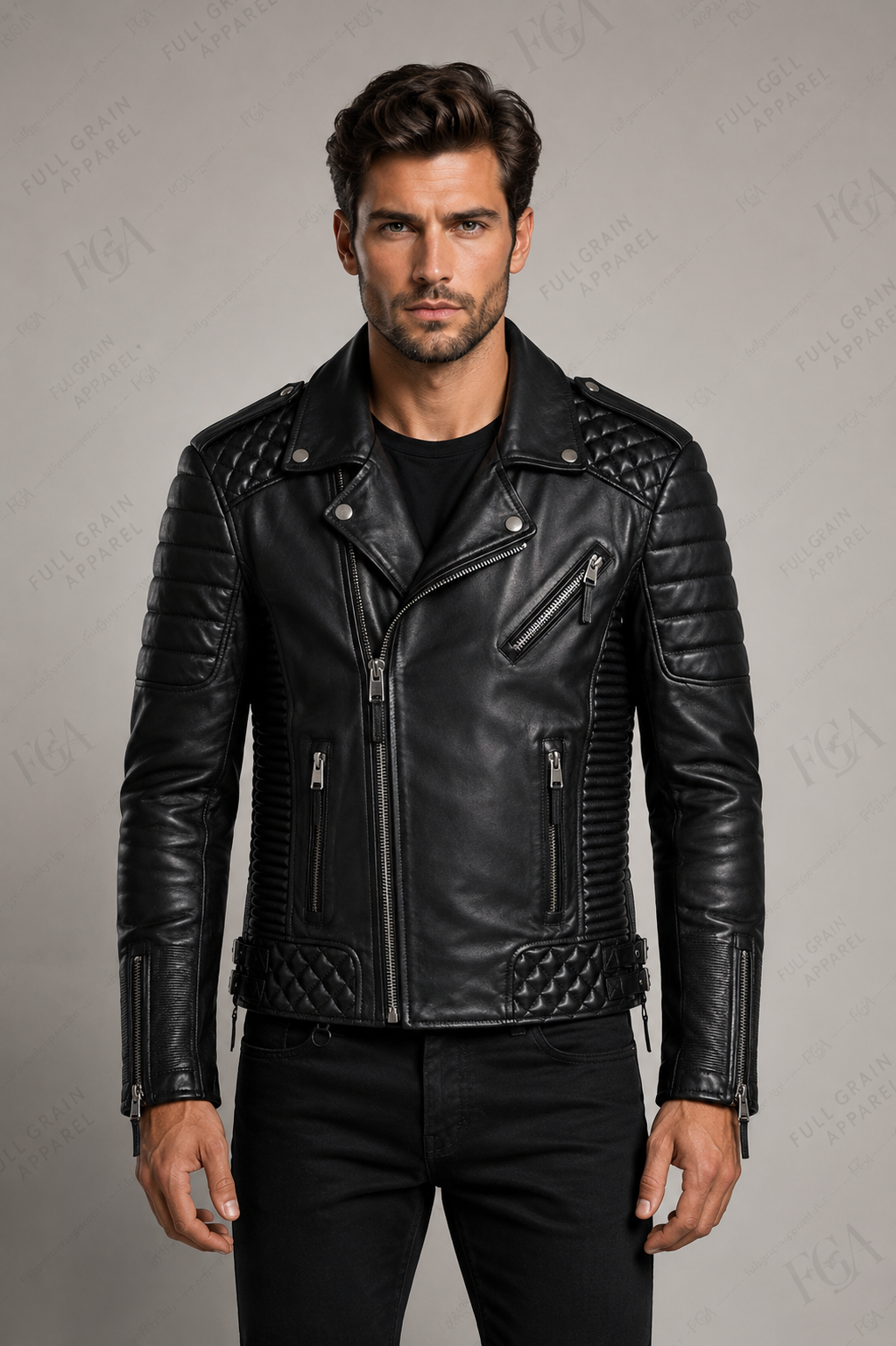 Men's Black Biker Leather Jacket | Quilted Moto | Full Grain Apparel