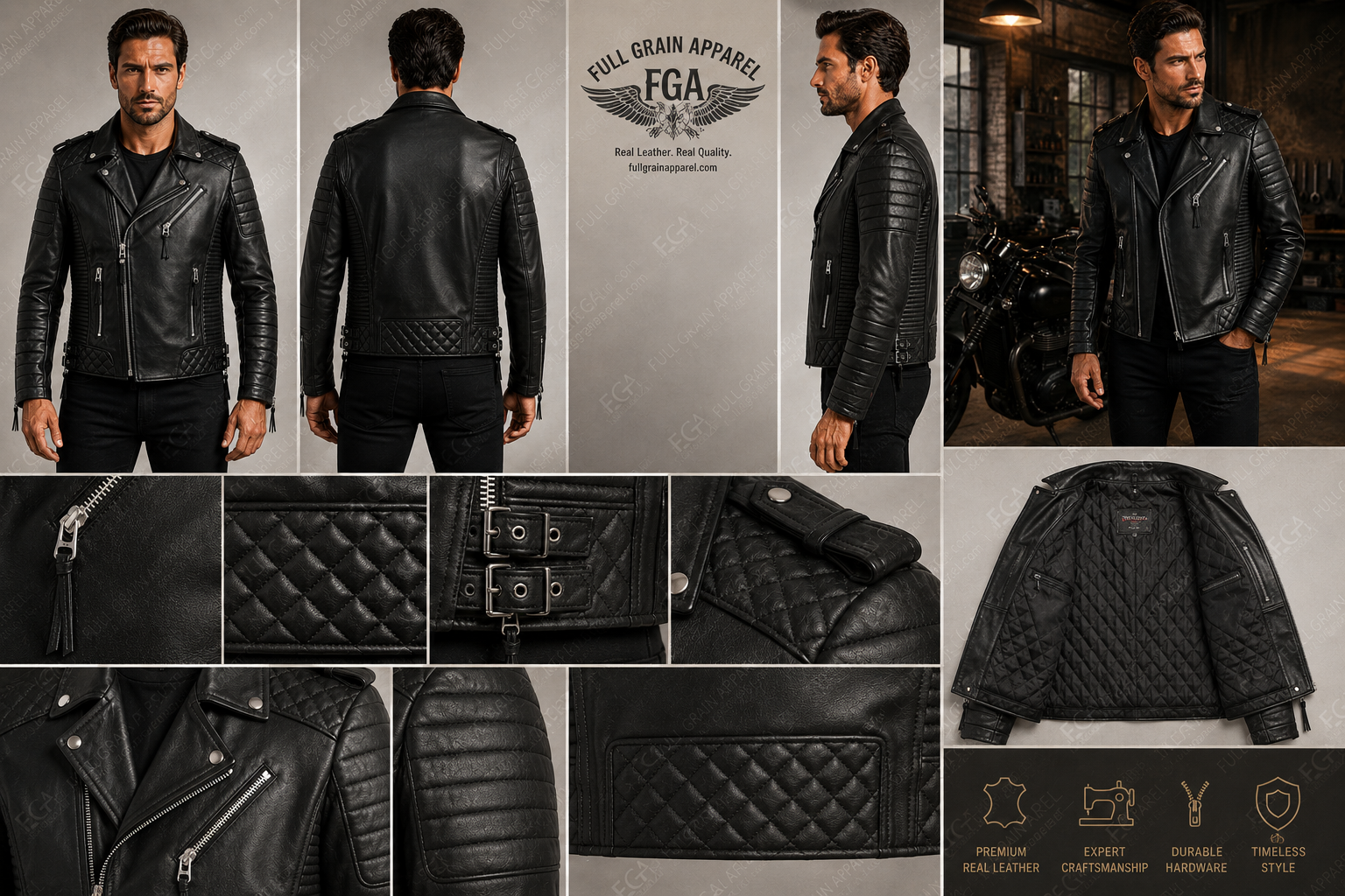 Men's Black Biker Leather Jacket | Quilted Moto | Full Grain Apparel