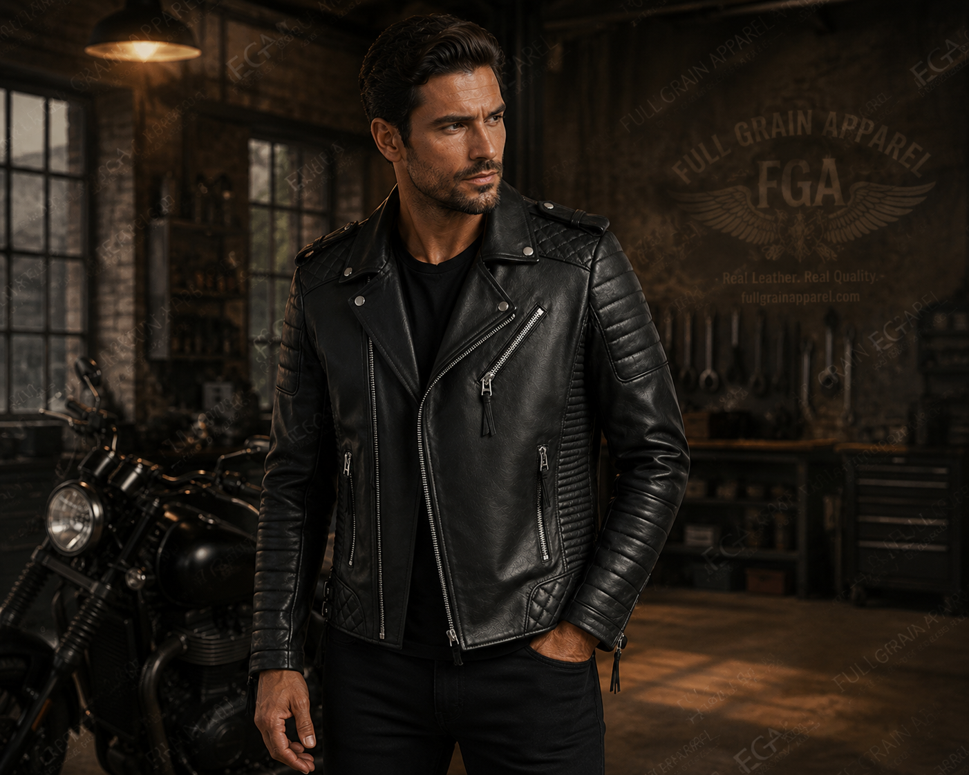 Men's Black Biker Leather Jacket | Quilted Moto | Full Grain Apparel