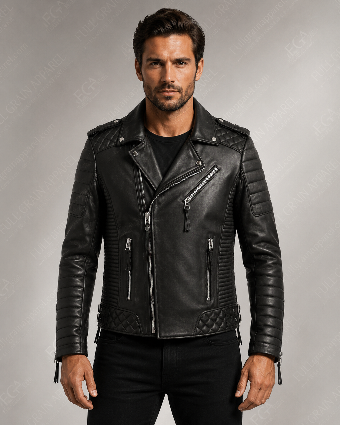 Men's Black Biker Leather Jacket | Quilted Moto | Full Grain Apparel