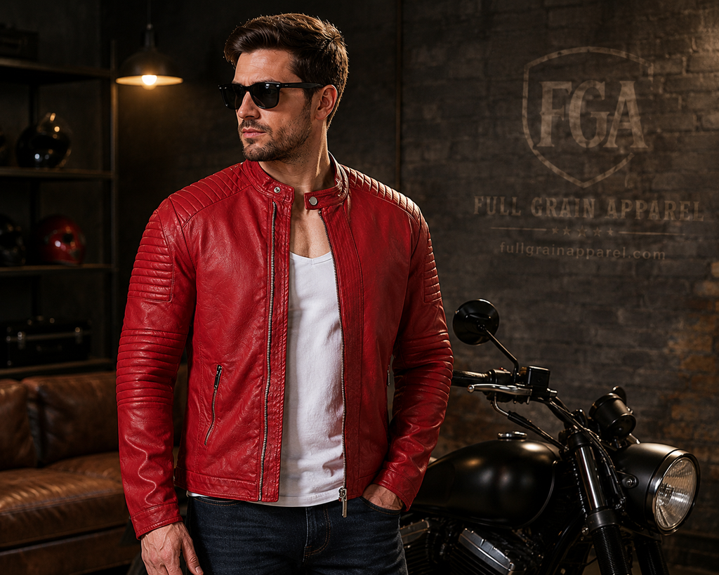 Men's Red Cafe Racer Leather Jacket | Moto Style | Full Grain Apparel