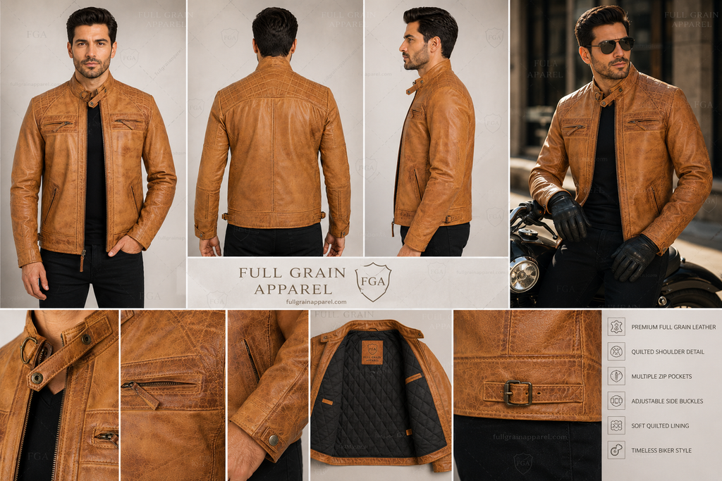Men's Tan Cafe Racer Leather Jacket | Vintage Moto | Full Grain Apparel