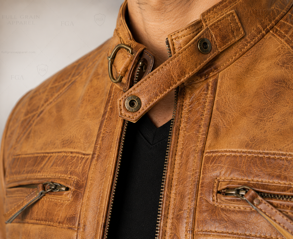 Men's Tan Cafe Racer Leather Jacket | Vintage Moto | Full Grain Apparel