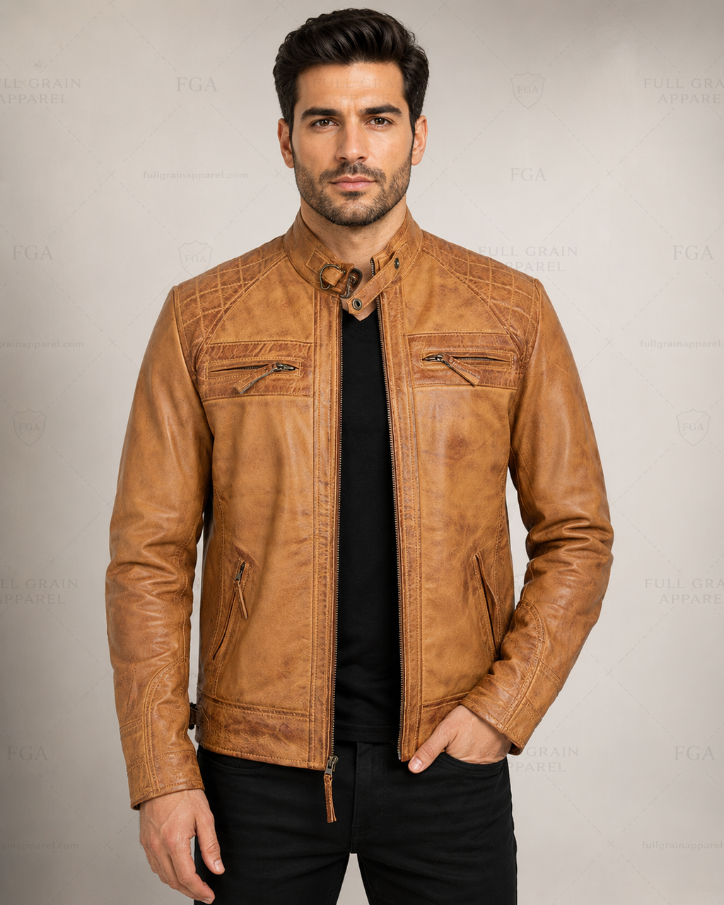 Men's Tan Cafe Racer Leather Jacket | Vintage Moto | Full Grain Apparel
