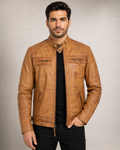 Men's Tan Cafe Racer Leather Jacket | Vintage Moto | Full Grain Apparel