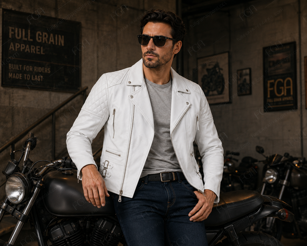 Men's White Biker Leather Jacket | Asymmetric Moto | Full Grain Apparel
