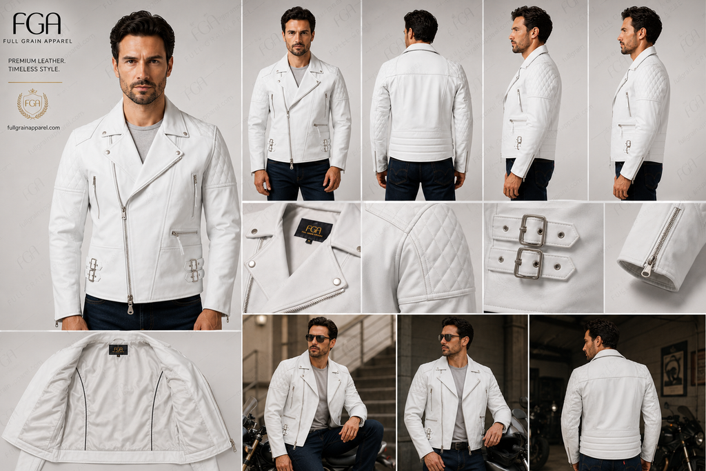 Men's White Biker Leather Jacket | Asymmetric Moto | Full Grain Apparel