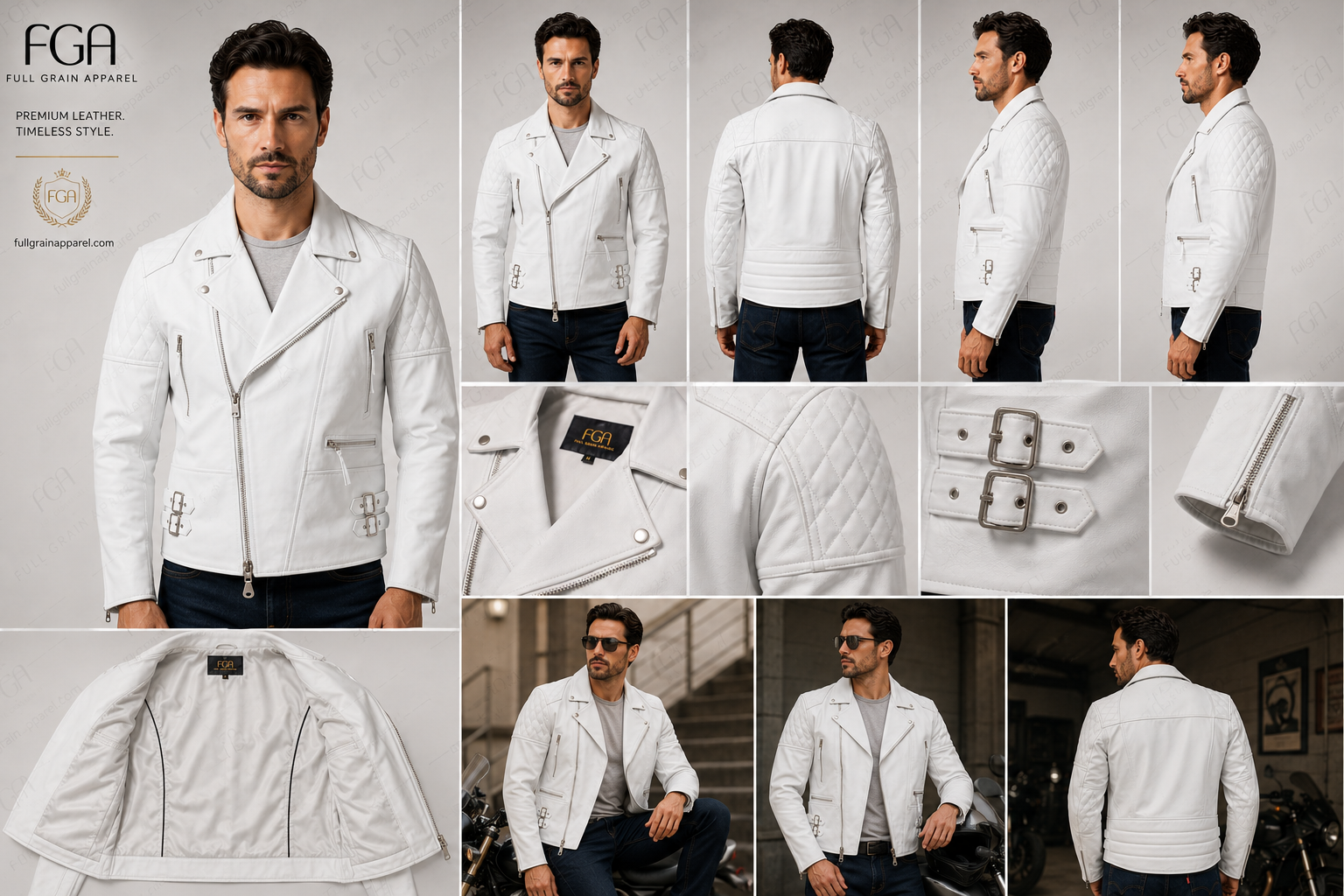 Men's White Biker Leather Jacket | Asymmetric Moto | Full Grain Apparel