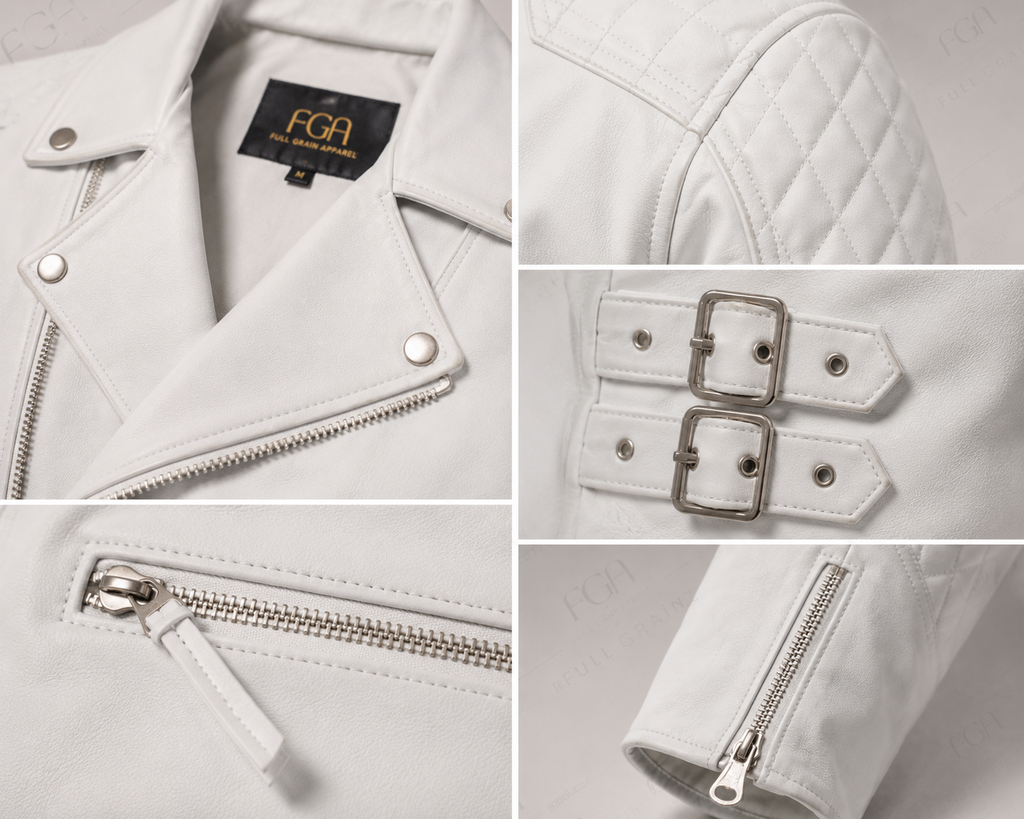 Men's White Biker Leather Jacket | Asymmetric Moto | Full Grain Apparel
