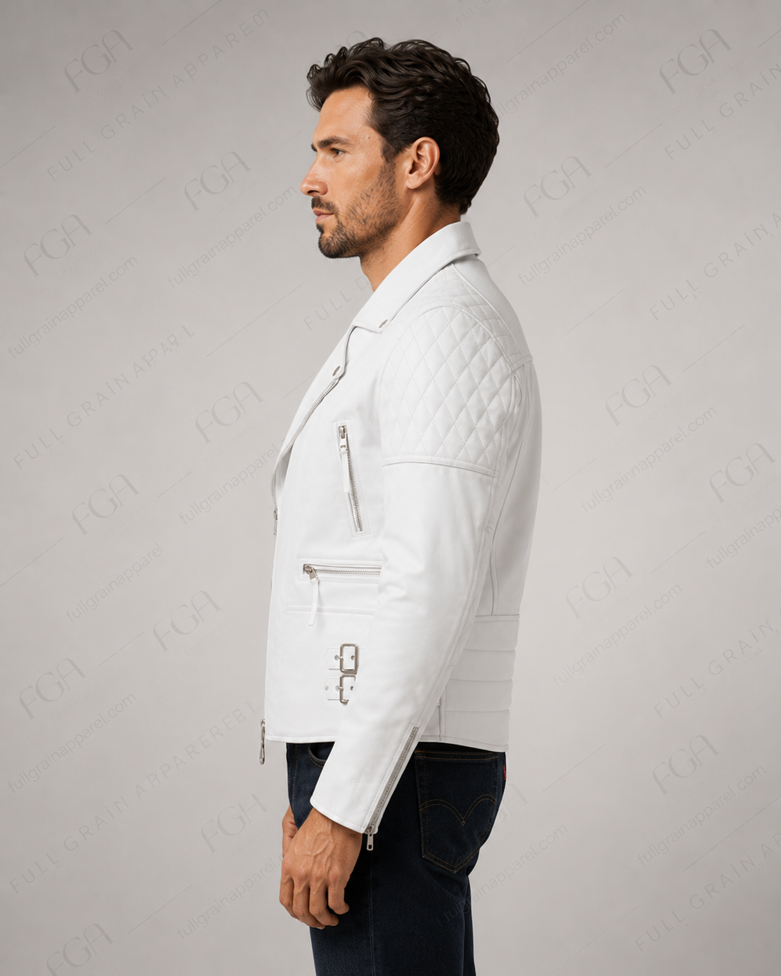 Men's White Biker Leather Jacket | Asymmetric Moto | Full Grain Apparel