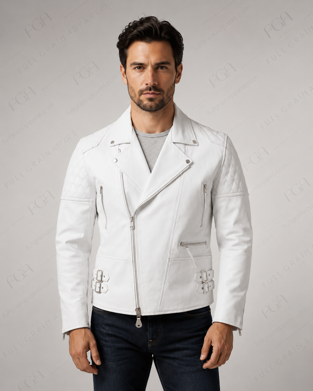 Men's White Biker Leather Jacket | Asymmetric Moto | Full Grain Apparel